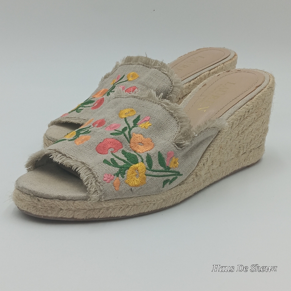 Polo Ralph Lauren Linen Heels Open Toe Emboidered Flowers